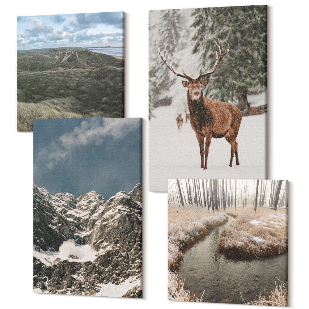 Négy részes vászonkép Hegyek hóval, szarvasok az erdőben, tájak