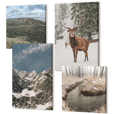 Négy részes vászonkép Hegyek hóval, szarvasok az erdőben, tájak