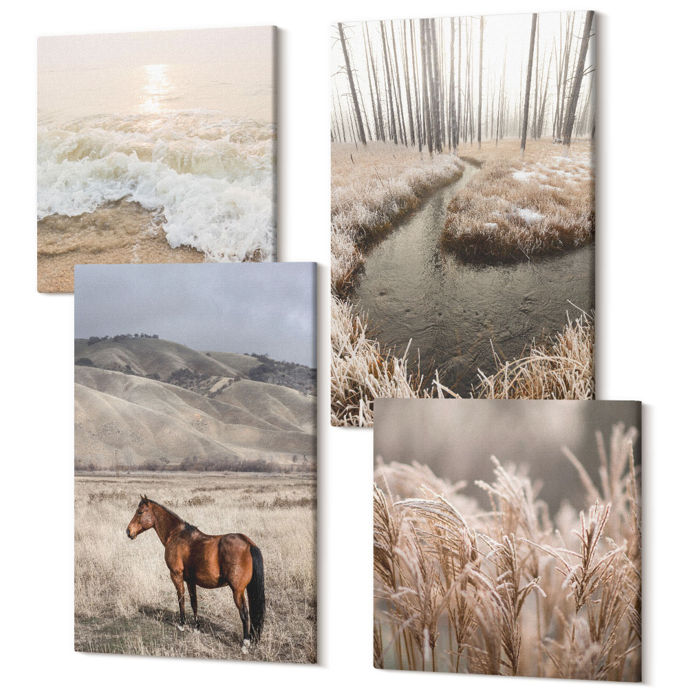 Négy részes vászonkép szett Lovak táj tengeri fű erdő és patak