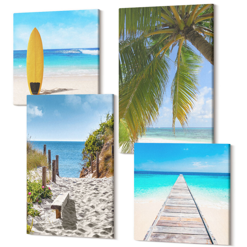 Négy részes vászonkép szett Nyaralás kilátással a strandra, a hullámokra és a pálmafákra a trópusokon