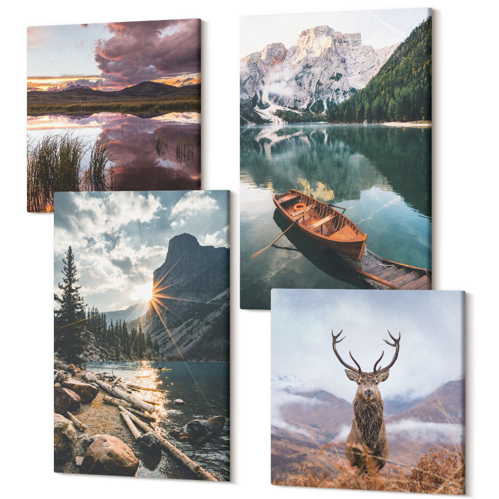 Négy részes vászonkép szett Hegyi tó csónak naplemente szarvas a természetben