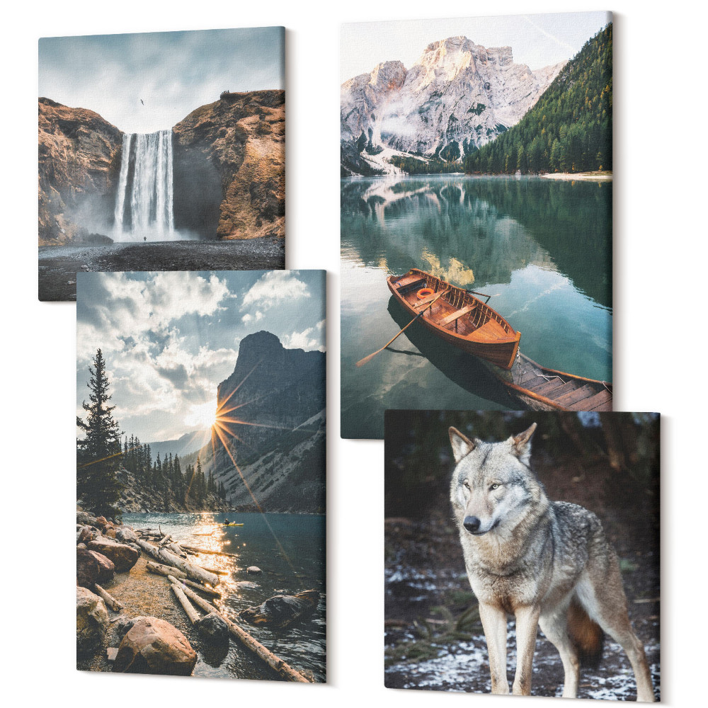 Négy részes vászonkép szett Hegyek, tavak, vízesések és farkasok természetes környezetben