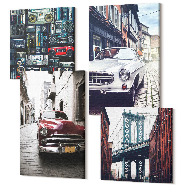 Négy részes vászonkép szett Régi autók a Brooklyn Bridge utcáján és retro audio berendezések