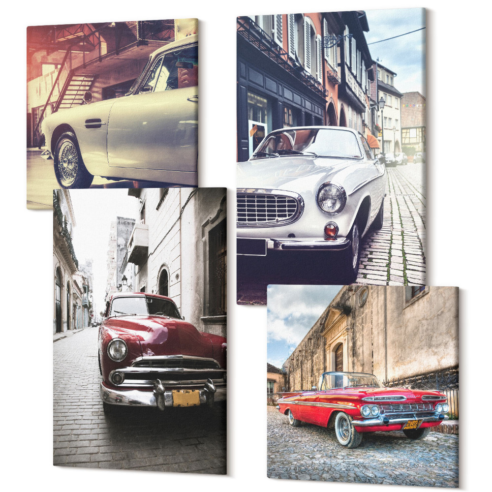 Négy részes vászonkép szett Klasszikus autók a város utcáin, különböző színekben