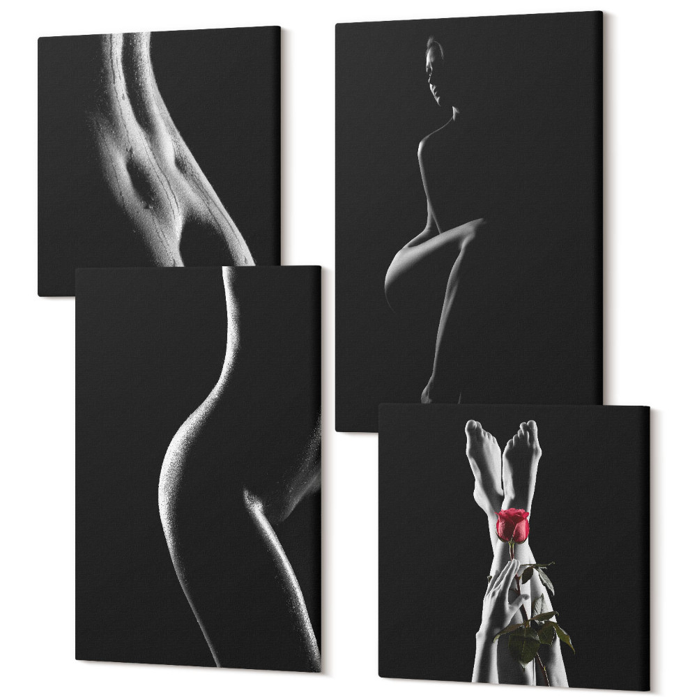 Négy részes vászonkép szett Fekete-fehér női sziluettek erotika