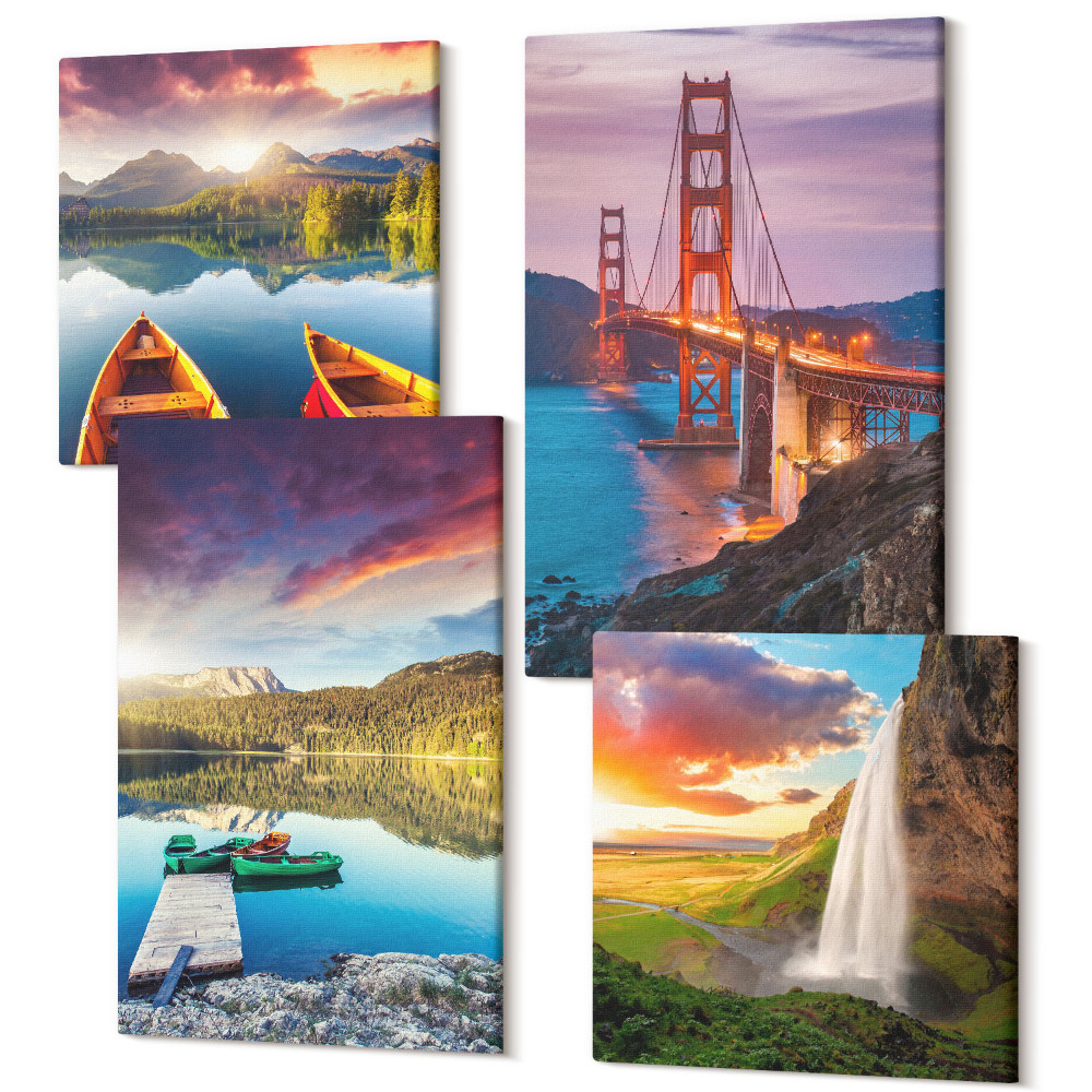 Négy részes vászonkép Kilátás a hegyekre tavakkal, csónakokkal, híddal, vízeséssel