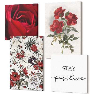 Négy részes vászonkép Piros rózsa virágok és inspiráló felirat