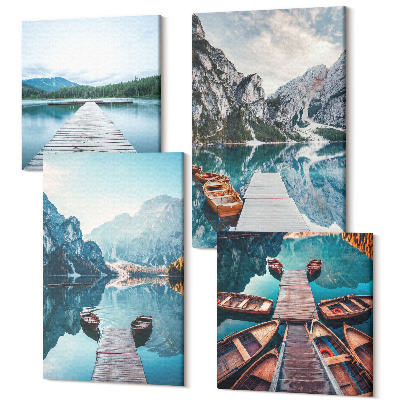 Négy részes vászonkép szett Nyugodt tó fa mólókkal és csónakokkal