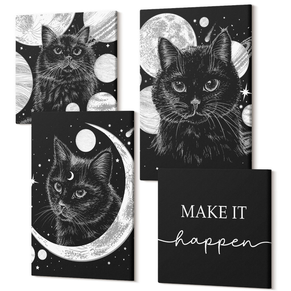 Négy részes vászonkép szett Fekete macskák a Hold és a bolygók hátterében az űrben