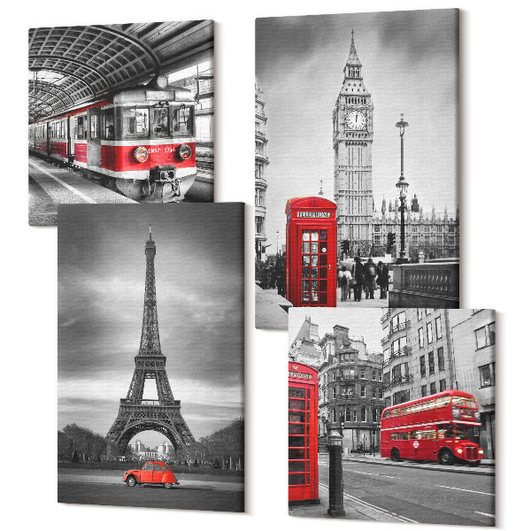 Négy részes vászonkép Piros buszok a városi tájon