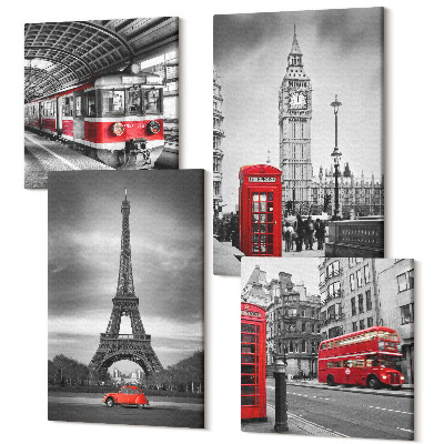 Négy részes vászonkép Piros buszok a városi tájon
