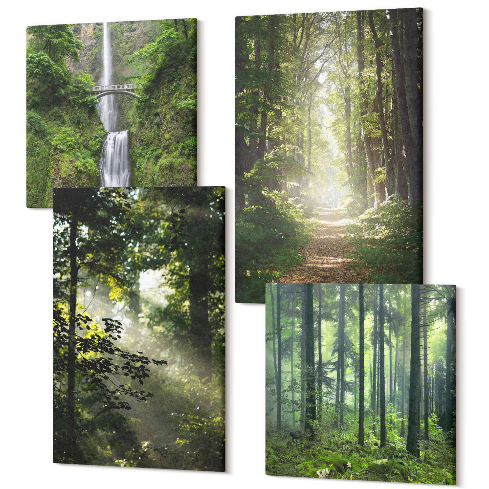 Négy részes vászonkép szett Zöld erdők fénysugarakkal és erdei ösvényekkel