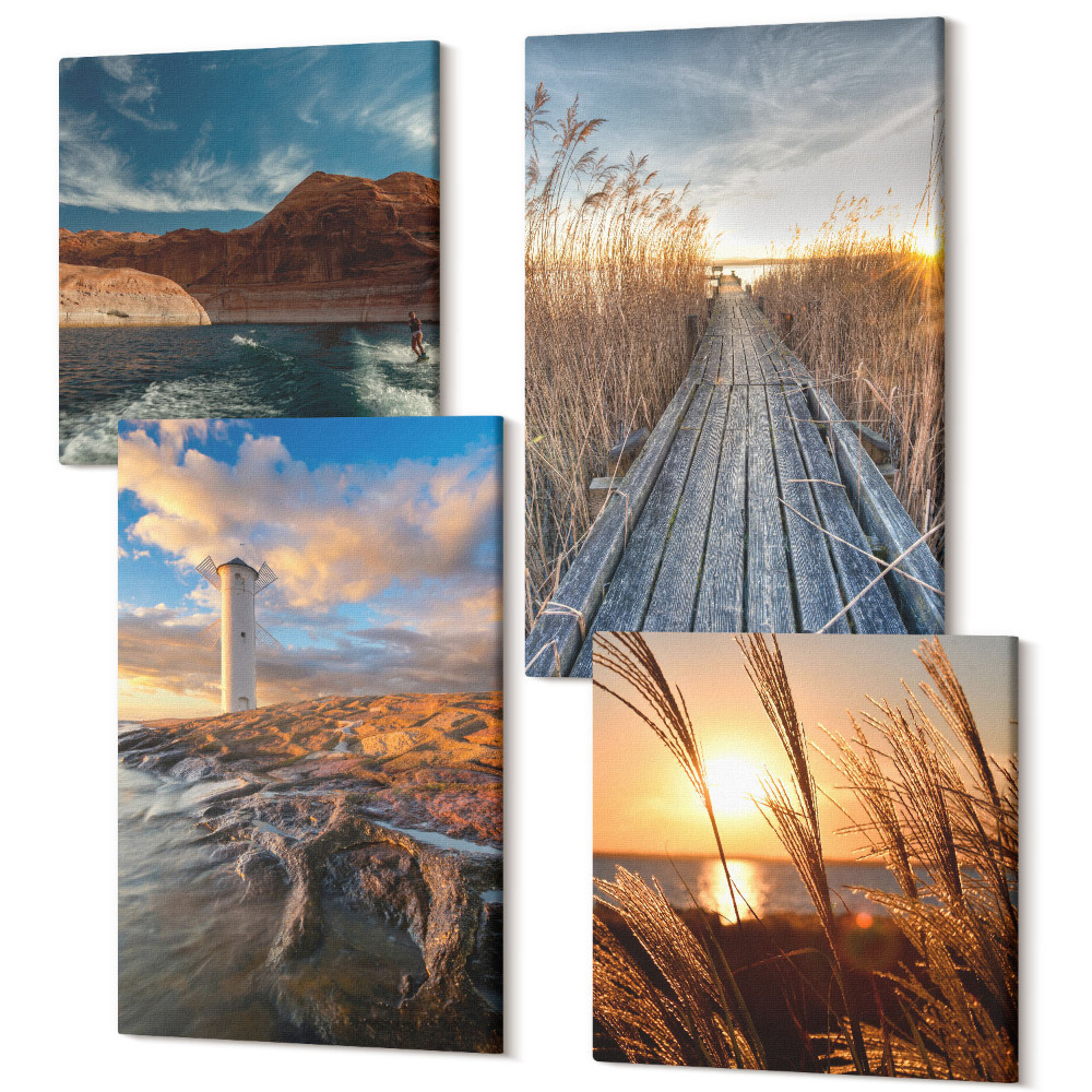 Négy részes vászonkép Kilátás a világítótoronyra a tenger mellett, a fű és a fából készült móló mellett