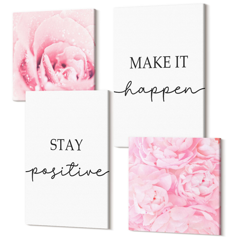 Négy részes vászonkép szett Minimalista betűk rózsaszín virágok ihlette