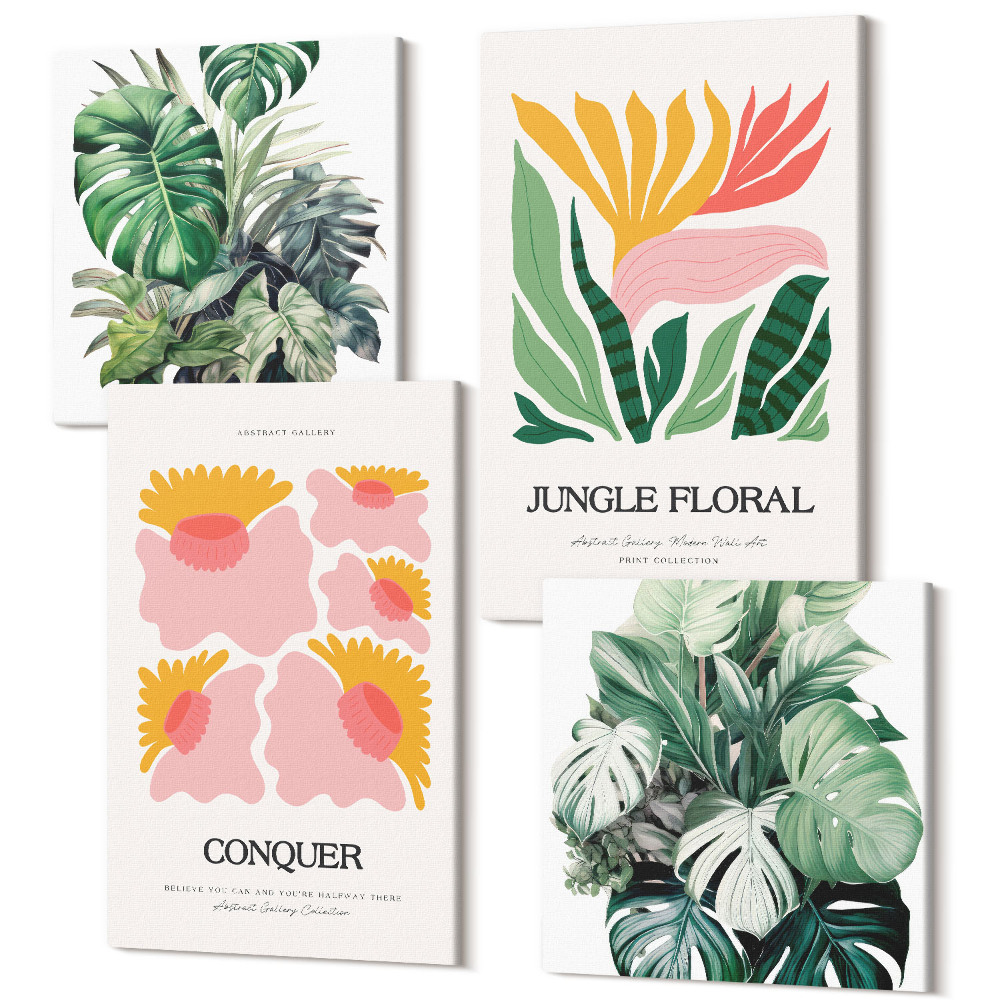 Négy részes vászonkép szett Virágok és levelek modern stílusú plakátok