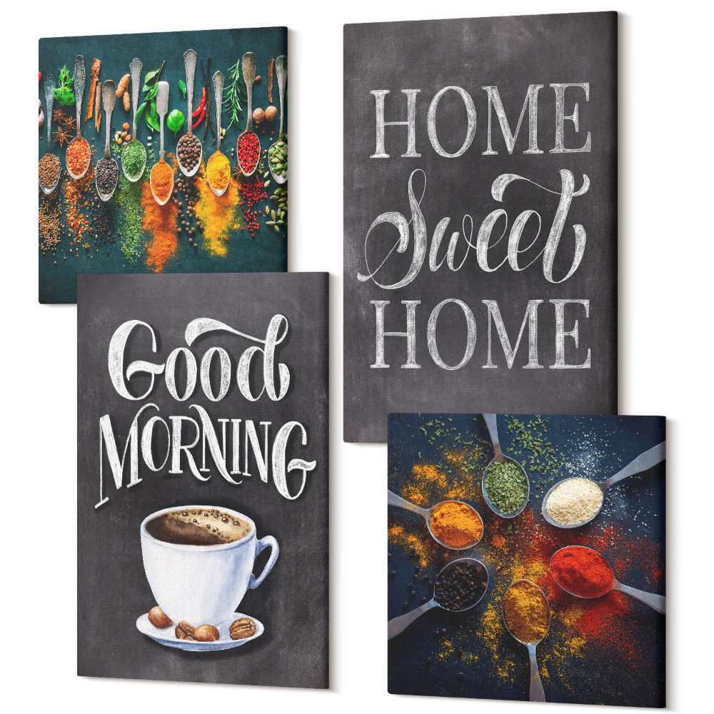 Négy részes vászonkép Fűszerek kávé egy csésze konyhai gyógynövények fűszerek