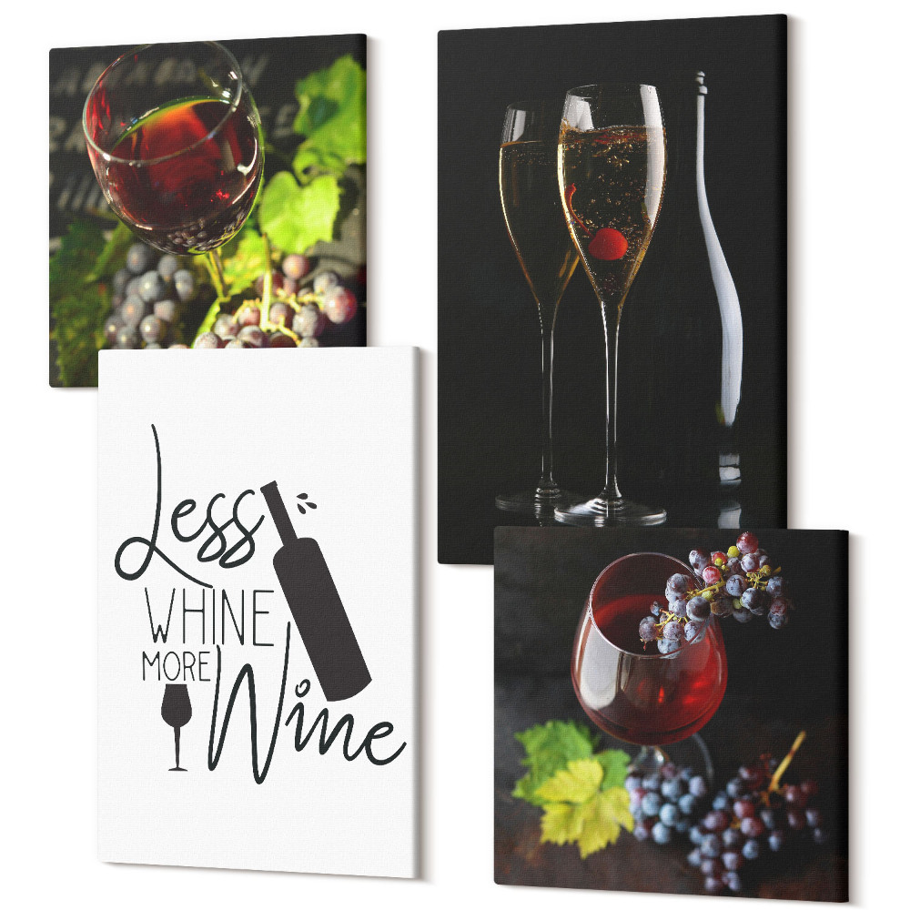 Négy részes vászonkép Pohár bor szőlővel és egy borról szóló felirattal