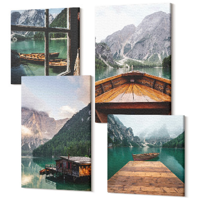 Négy részes vászonkép szett Hegyi tájak, faház, móló és csónakok