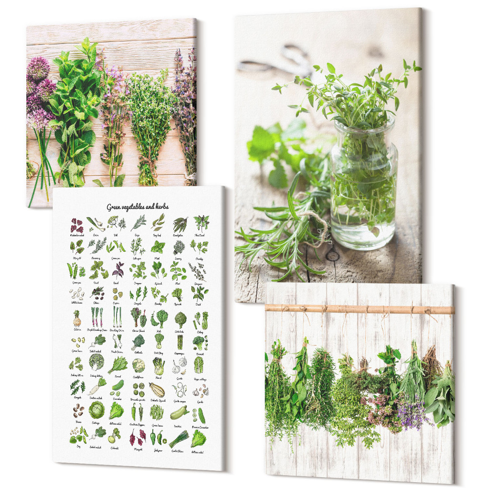 Négy részes vászonkép Szárított növények a konyhai gyógynövények listájához