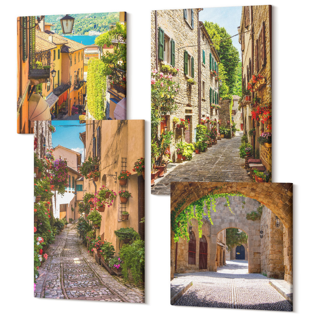 Négy részes vászonkép szett Olasz utcák virágokkal és tájépítészetekkel