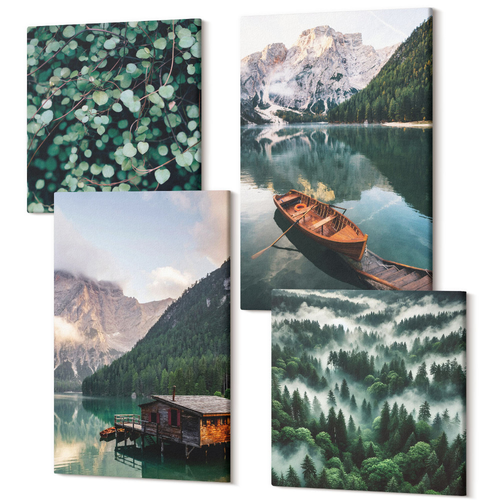 Négy részes vászonkép Hegyi tájak tóval, csónakkal és erdővel a ködben