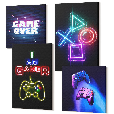 Négy részes vászonkép szett Gamepadok, lejátszó feliratok, ikonok