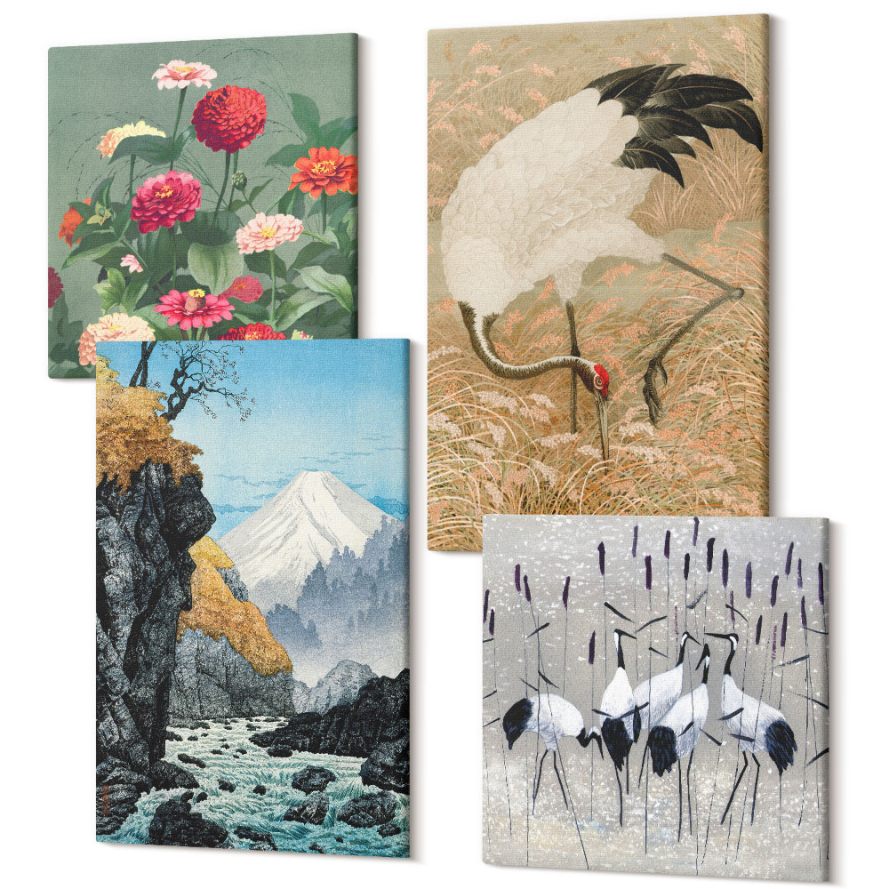 Négy részes vászonkép szett Hegyek a tájban, folyó, virágok és daruk a fűben