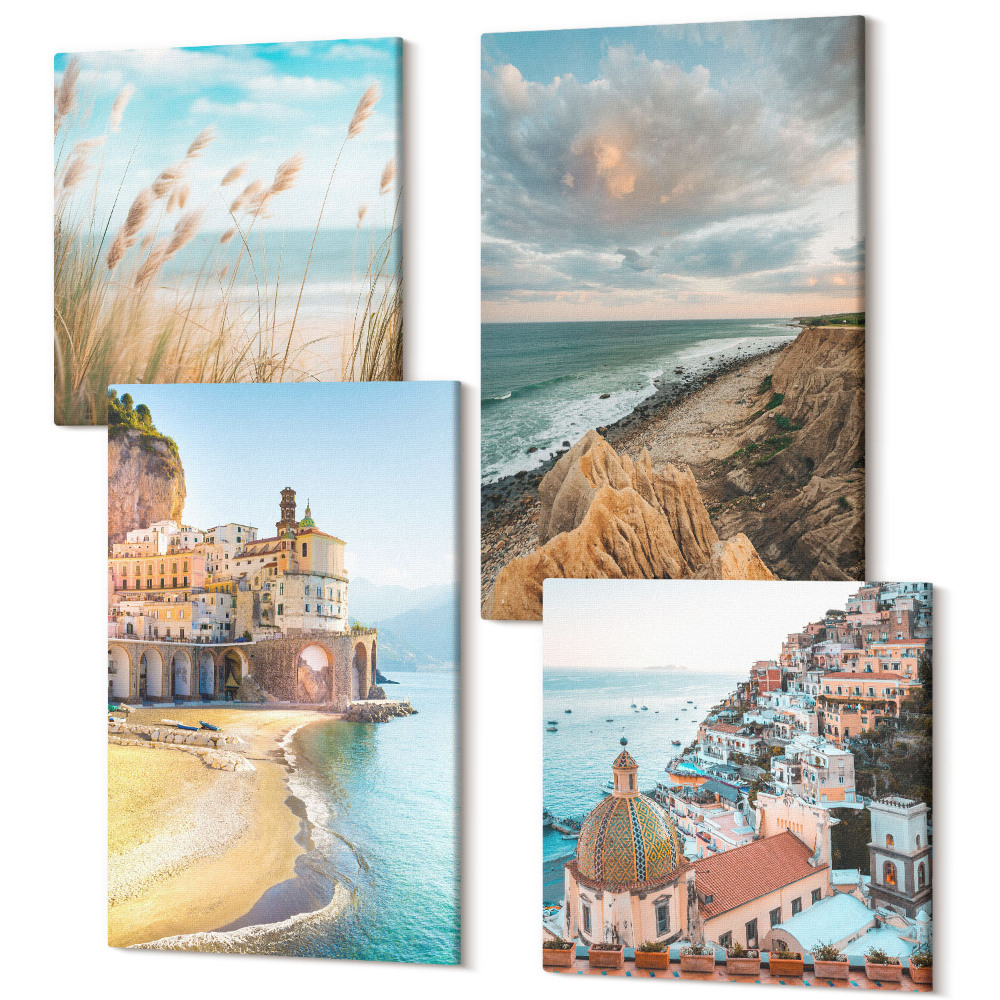 Négy részes vászonkép szett Tengerparti tájak stranddal, várossal és sziklákkal