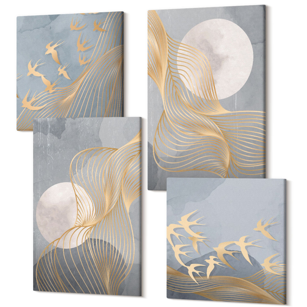 Négy részes vászonkép Absztrakt minták hullámokkal és körökkel egy szürke háttéren