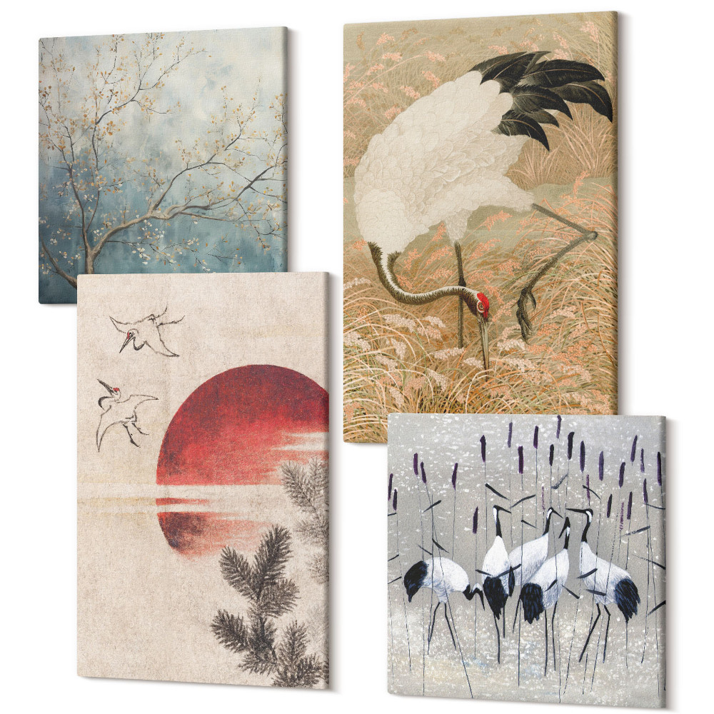 Négy részes vászonkép szett Japán daru illusztrációk táj japándi