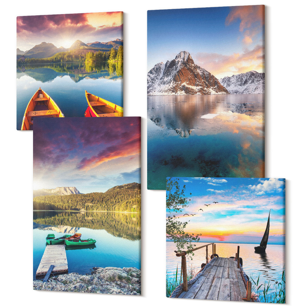 Négy részes vászonkép Nyugodt tavak hegyi tájjal és csónakkal