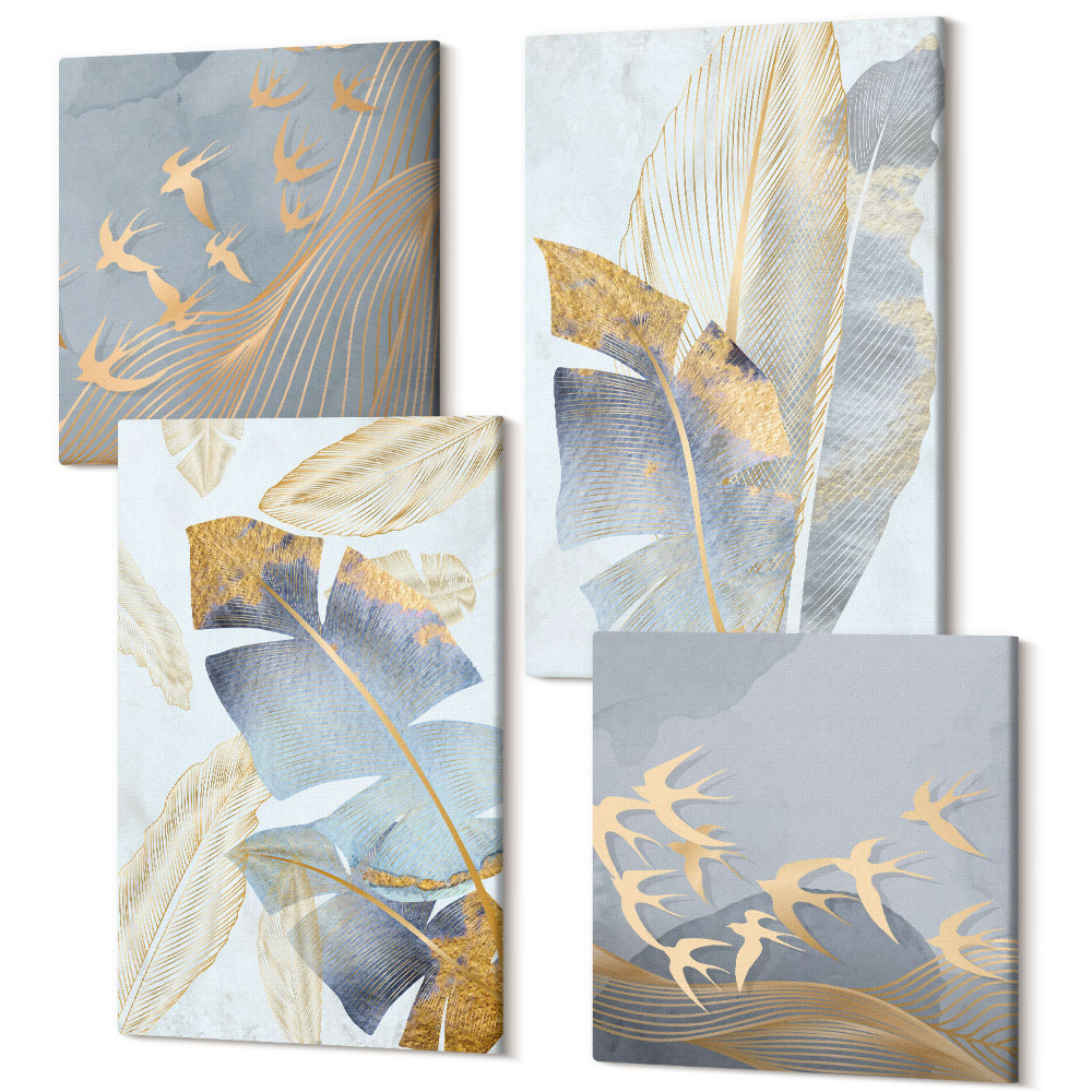 Négy részes vászonkép szett Kék és bézs árnyalatú levelek világos alapon