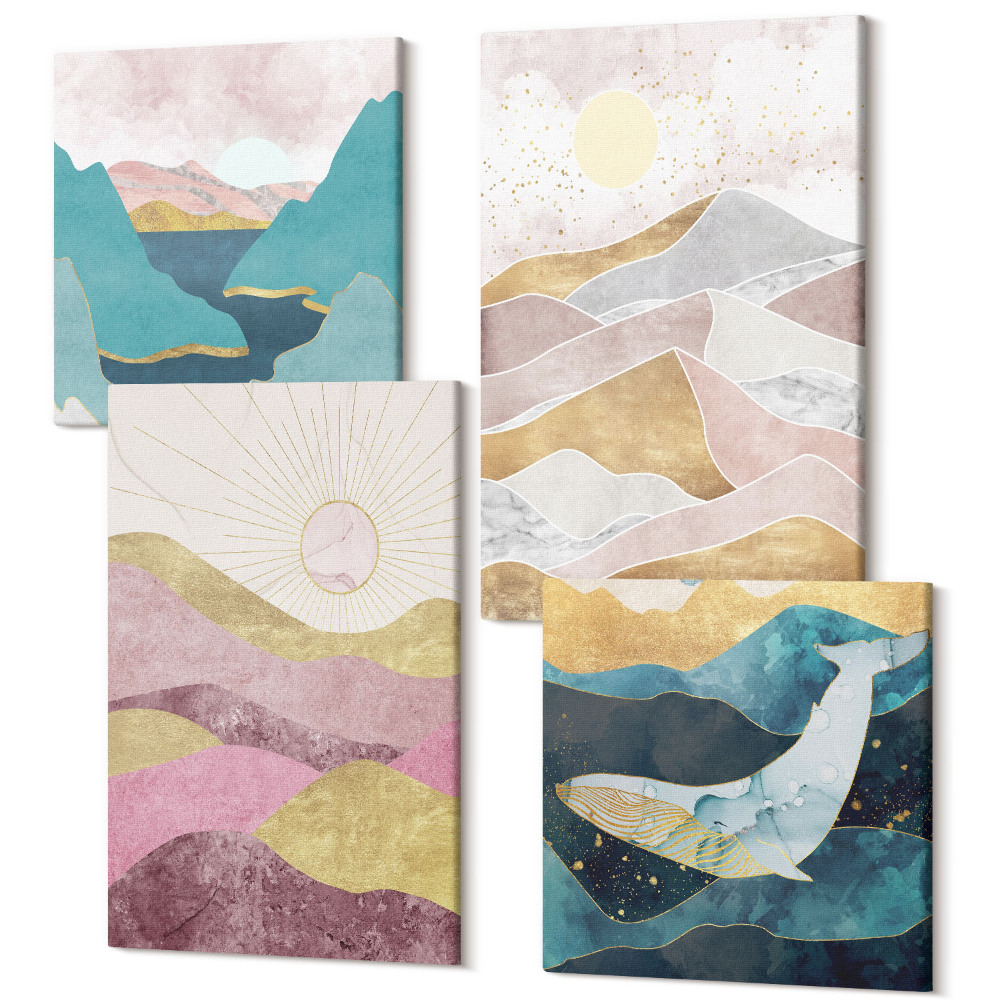 Négy részes vászonkép Absztrakt tájak hegyekkel és a nappal