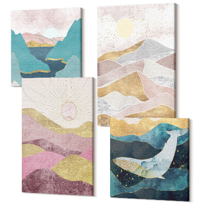 Négy részes vászonkép Absztrakt tájak hegyekkel és a nappal