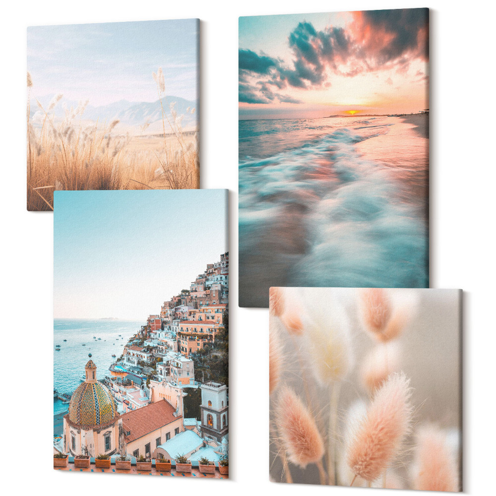 Négy részes vászonkép szett Tengerre néző naplemente színes házak virágok