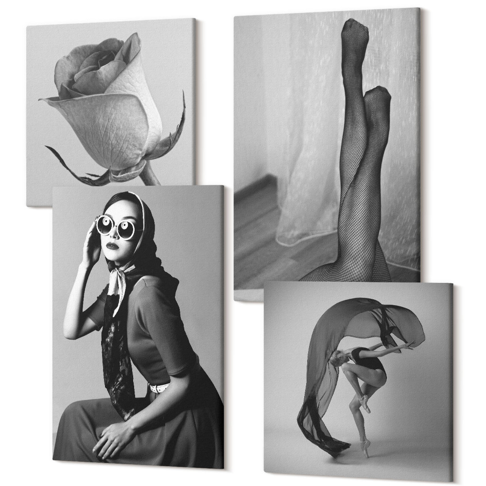 Négy részes vászonkép szett Stílusos fekete-fehér portrék nőkről elegáns pózokban