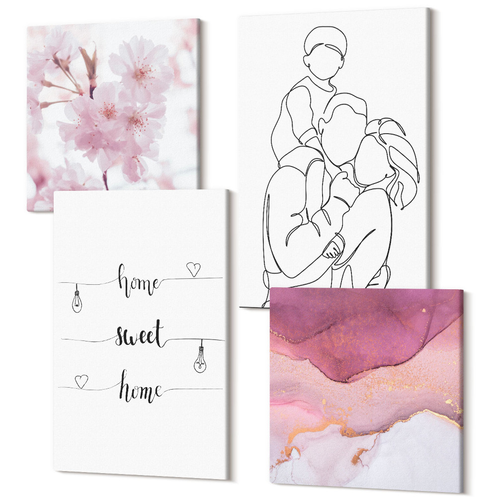 Négy részes vászonkép szett Virágok és család minimalista dizájnban