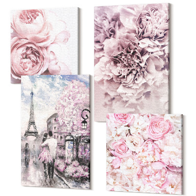 Négy részes vászonkép Virágok rózsaszín romantikus táj árnyalataiban