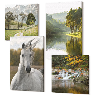 Négy részes vászonkép szett Fehér lovak a folyó természeti táj