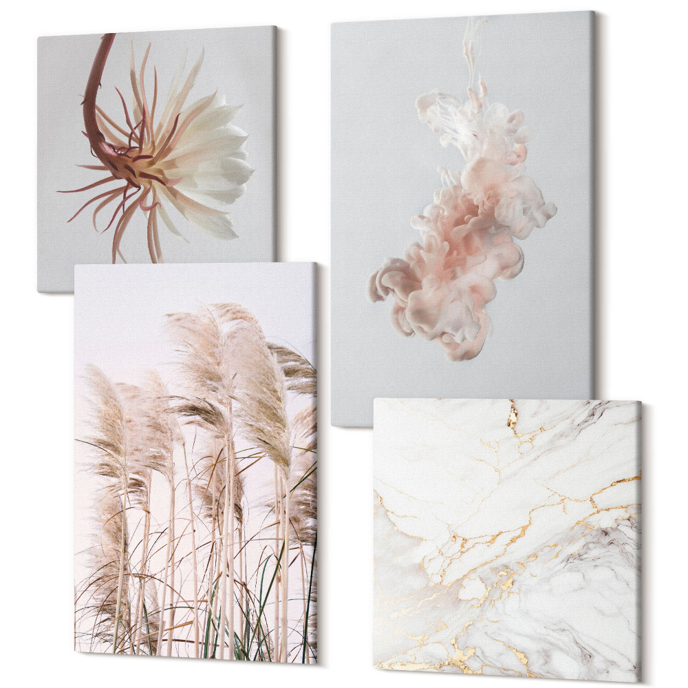 Négy részes vászonkép Elegáns virágok és füvek, fehér márvány