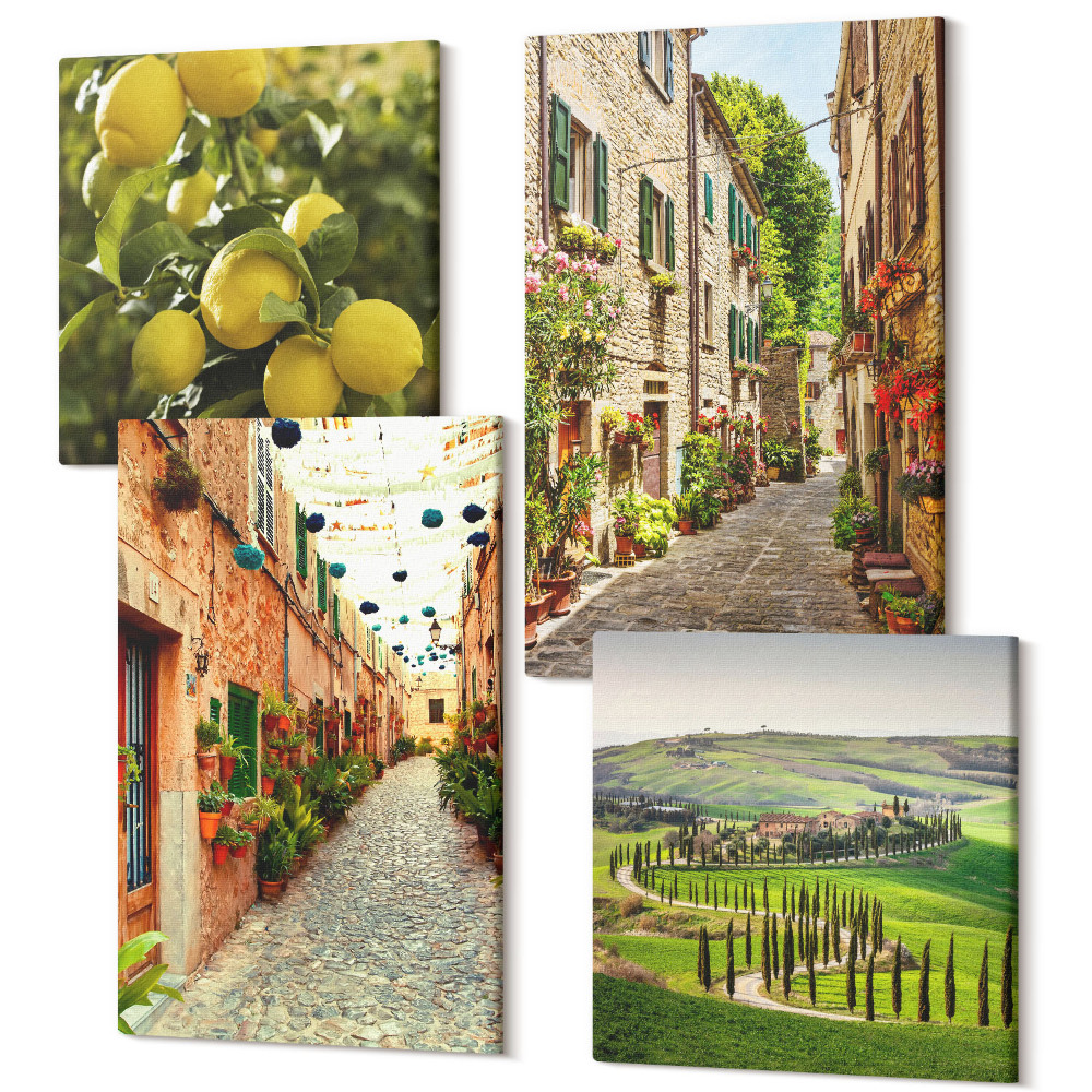 Négy részes vászonkép Bájos utcák virágokkal és citrommal a háttérben