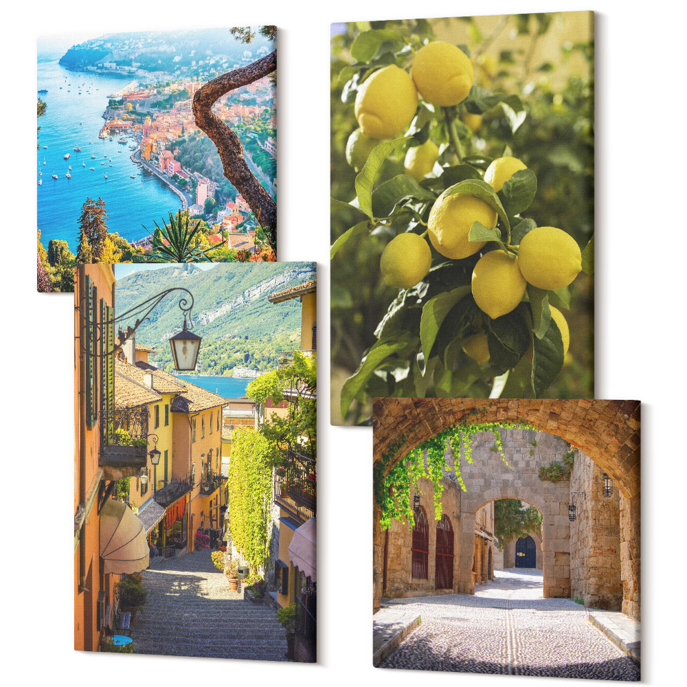 Négy részes vászonkép szett Festői tengerparti utcák, kilátással a tengerre és a citromra