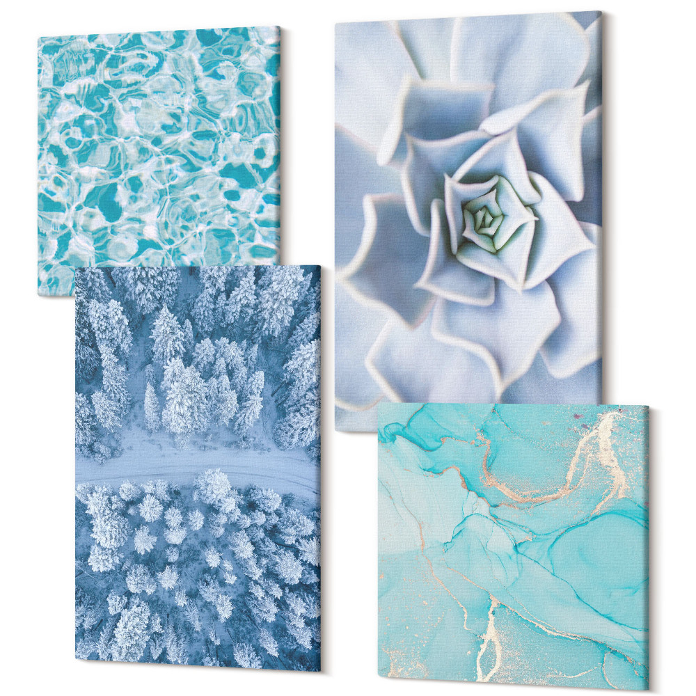 Négy részes vászonkép szett Téli erdő kék virág kék vízfelület