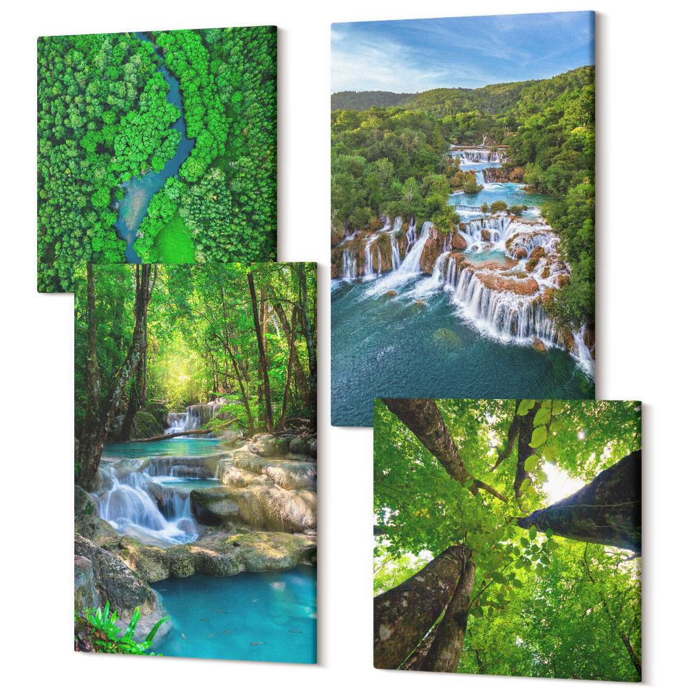 Négy részes vászonkép Vízesések egy zöld erdőben, kristálytiszta vízzel
