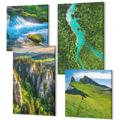 Négy részes vászonkép szett Zöld hegyi tájak folyóval és sziklákkal