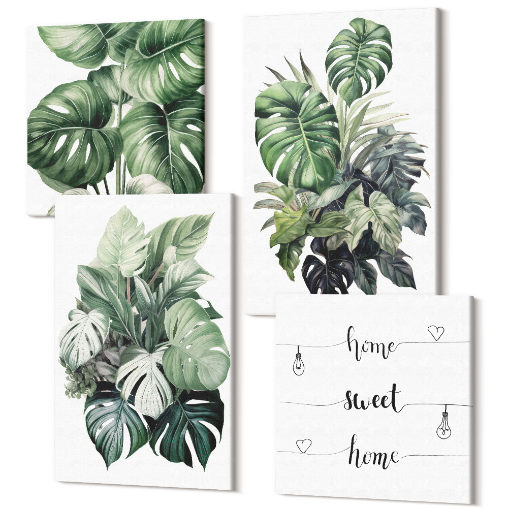 Négy részes vászonkép szett Trópusi növények zöld levelei akvarellek