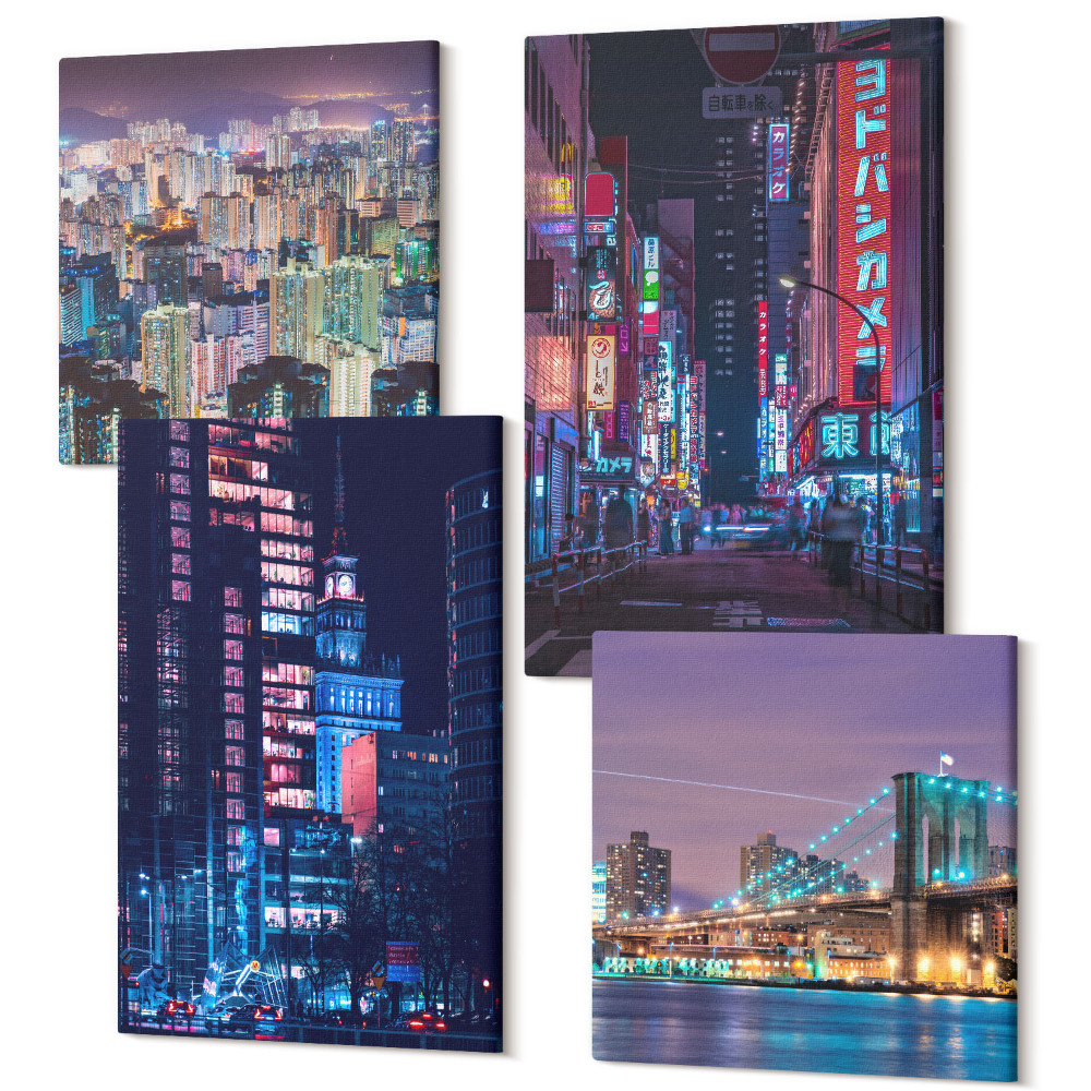 Négy részes vászonkép Éjszakai kilátás a városokra neonfényekkel