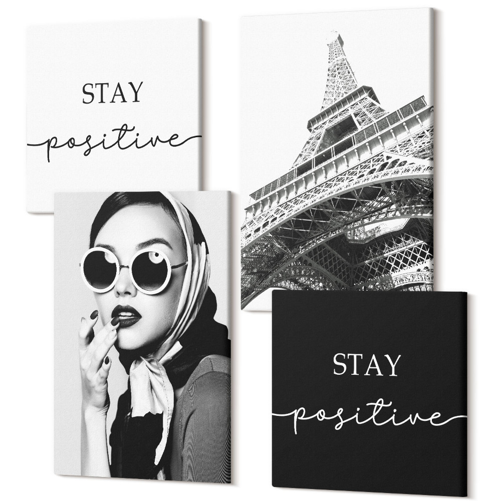 Négy részes vászonkép szett Az Eiffel-toronyról készült francia portrék inspiráló szlogenek