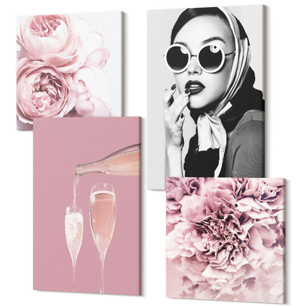 Négy részes vászonkép Virágok pünkösdi rózsa rózsák pezsgő és egy elegáns nő