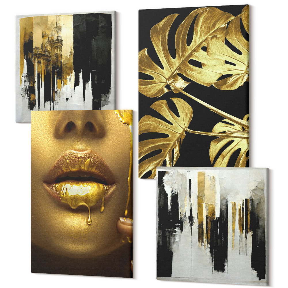 Négy részes vászonkép Monstera levelek absztrakt festménye, egy nő portréja